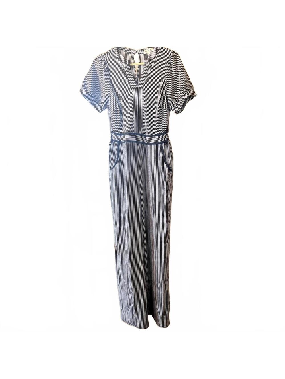 Monteau Striped Jumpsuit Navy White Sleeveless Wide Leg Casual Summer